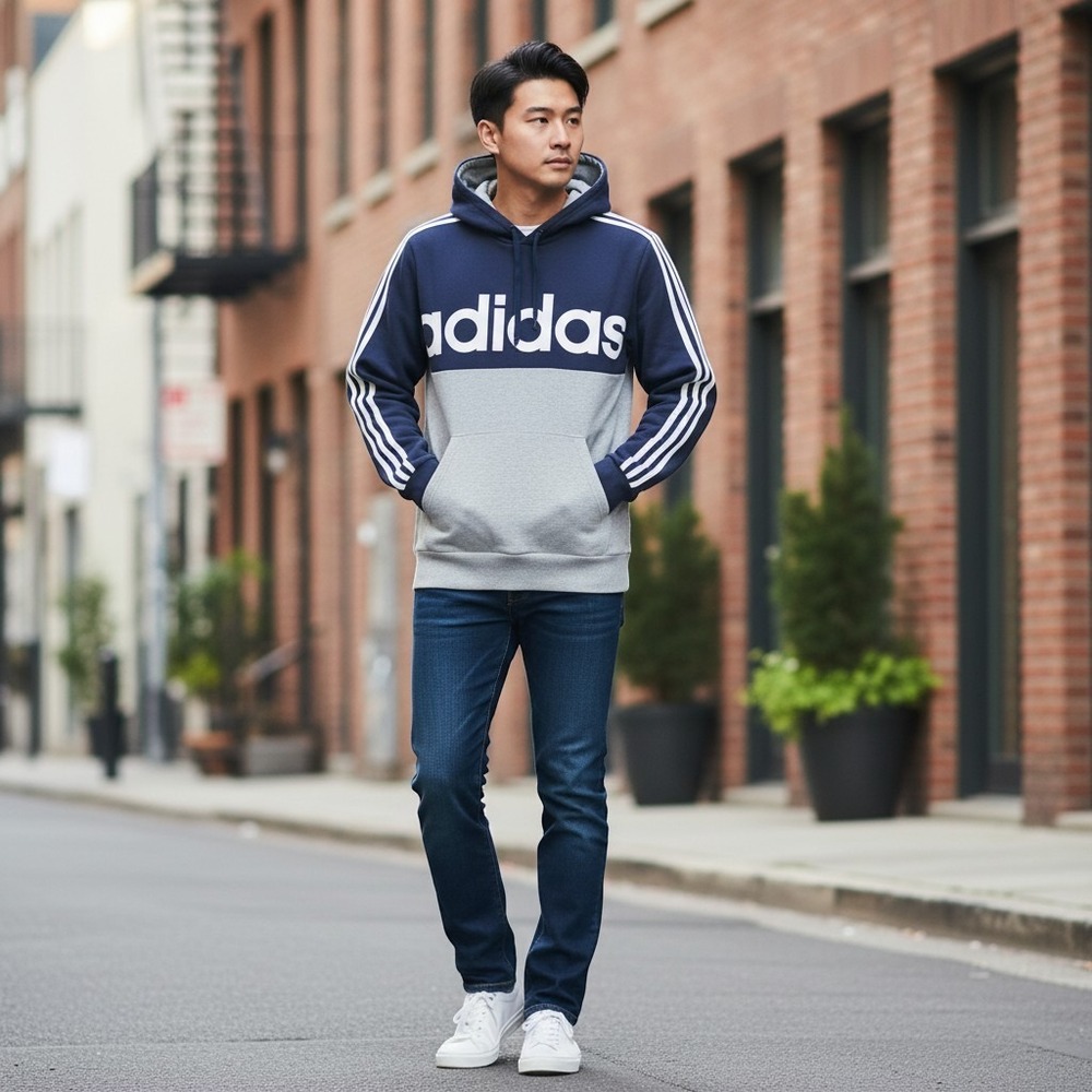 Adidas Hoodie Mens M Blue‎ Gray Colorblock 3 Stripe Pullover Sweatshirt Logo